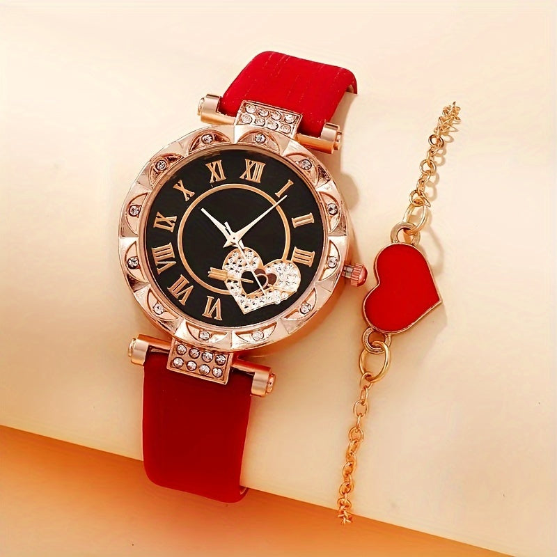 Ladies Fashion Quartz Watch Ring Necklace Set with Faux Leather Straps and Gift Box