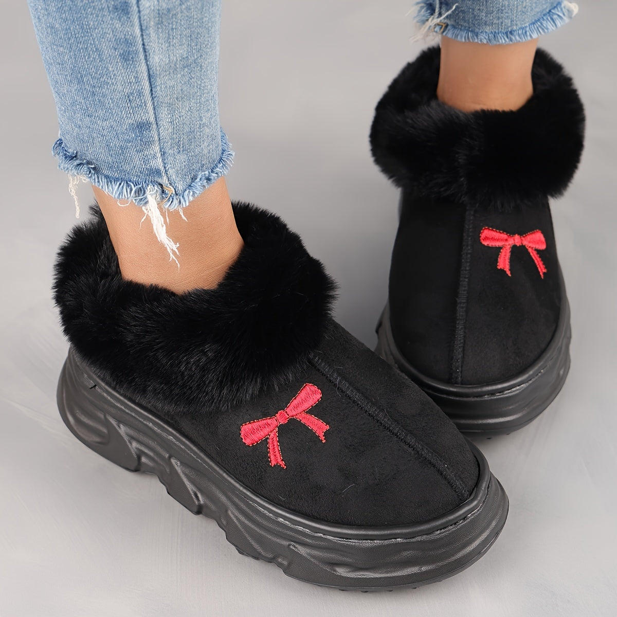 Unisex Short Boots Warm Snow Shoes for Autumn Winter Black White