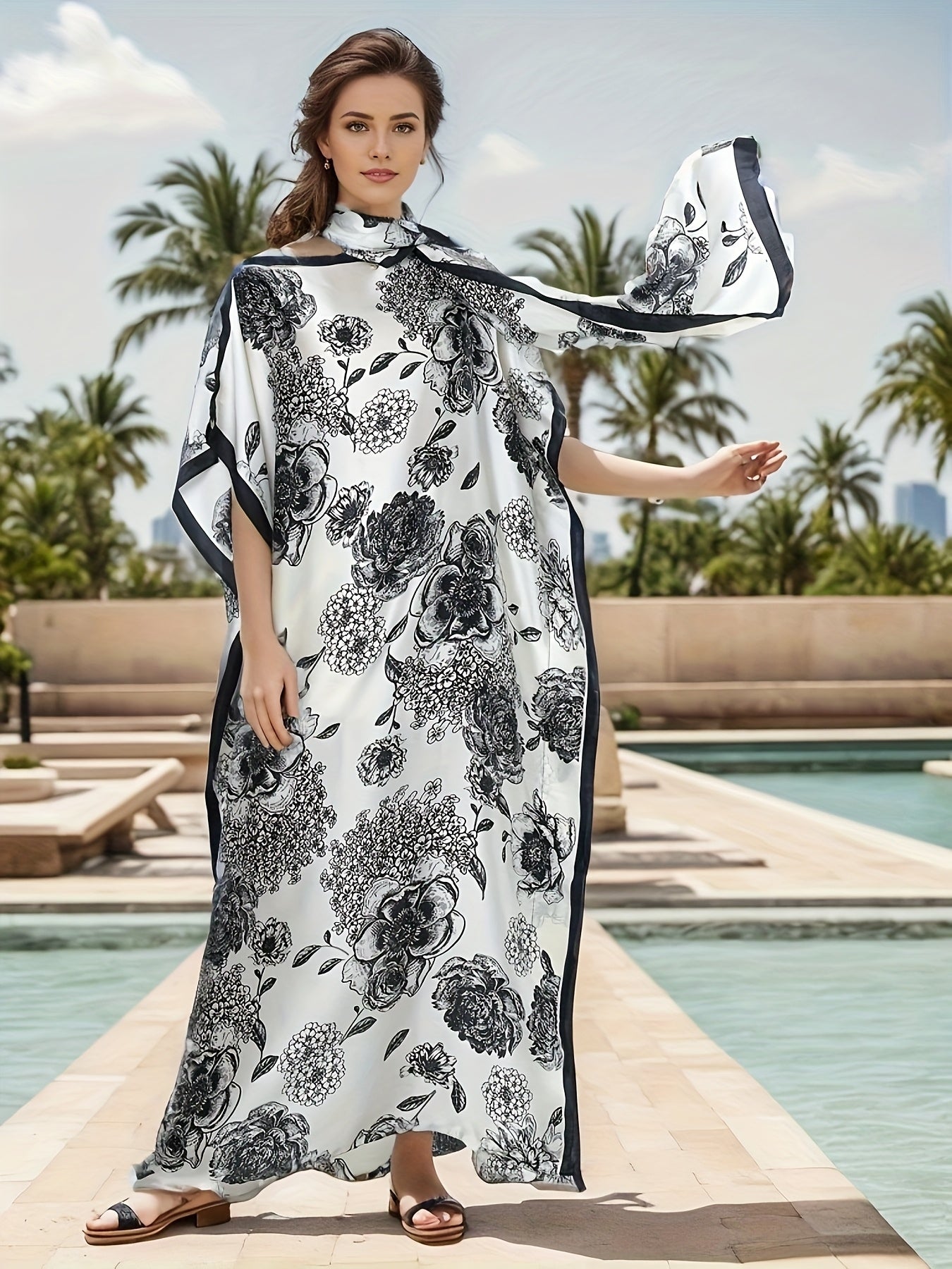 Women's Floral Maxi Dress with Scarf Breathable Polyester Batwing Sleeves