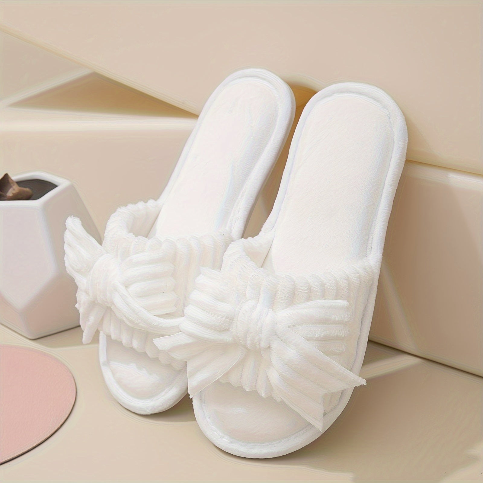 Women's Solid Color Bowknot Plush Slippers Open Toe Indoor Shoes