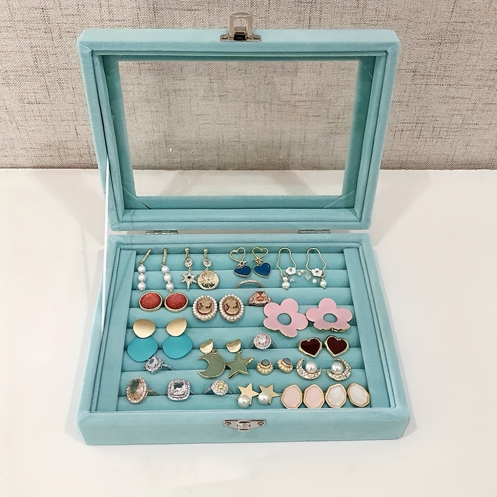 Shisha zargarlik qutisi, mato ichki qismi va uzuk uchun rolik bilan, kichik aksessuarlarni tartibga solish uchun