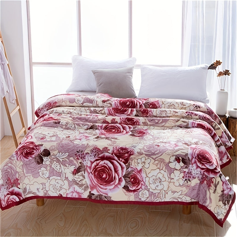 Warm Knitted Floral Blanket All-Season Polyester Bed Cover with Vibrant Pattern