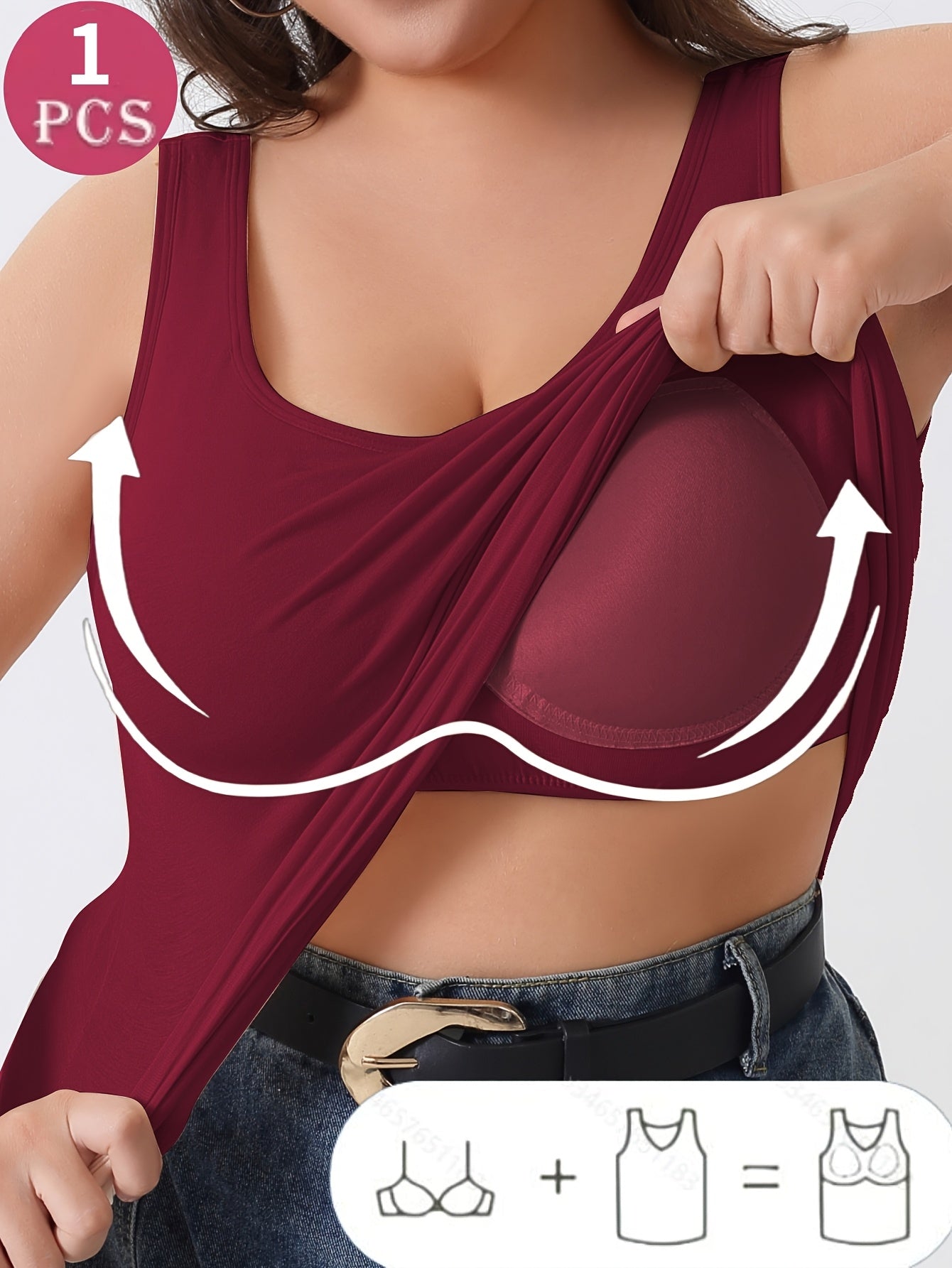 Plus Size Women's Knit Tank Top with Built-In Bra Wide Straps Maroon 1XL-5XL