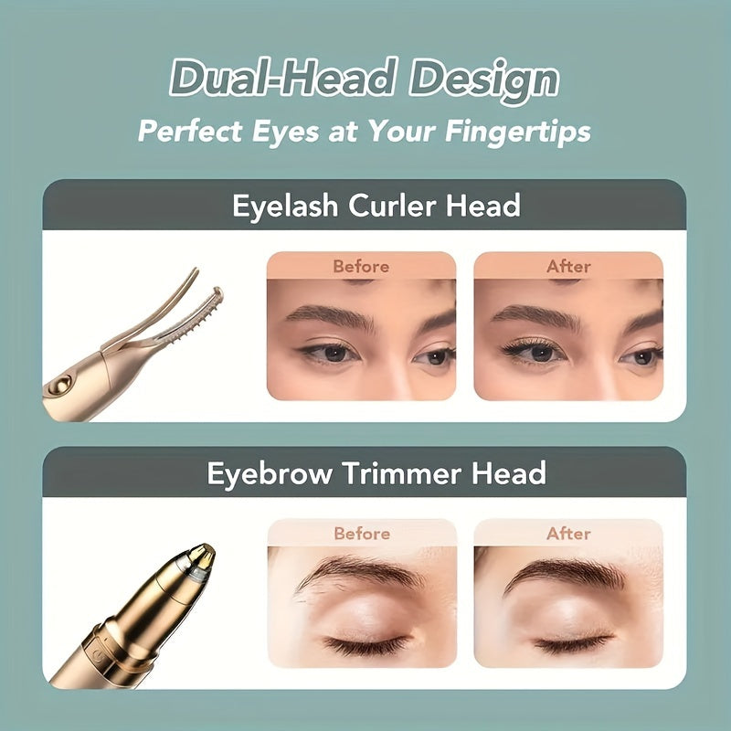 USB Rechargeable 2-in-1 Eyelash Curler and Brow Trimmer with Heating Function for Women