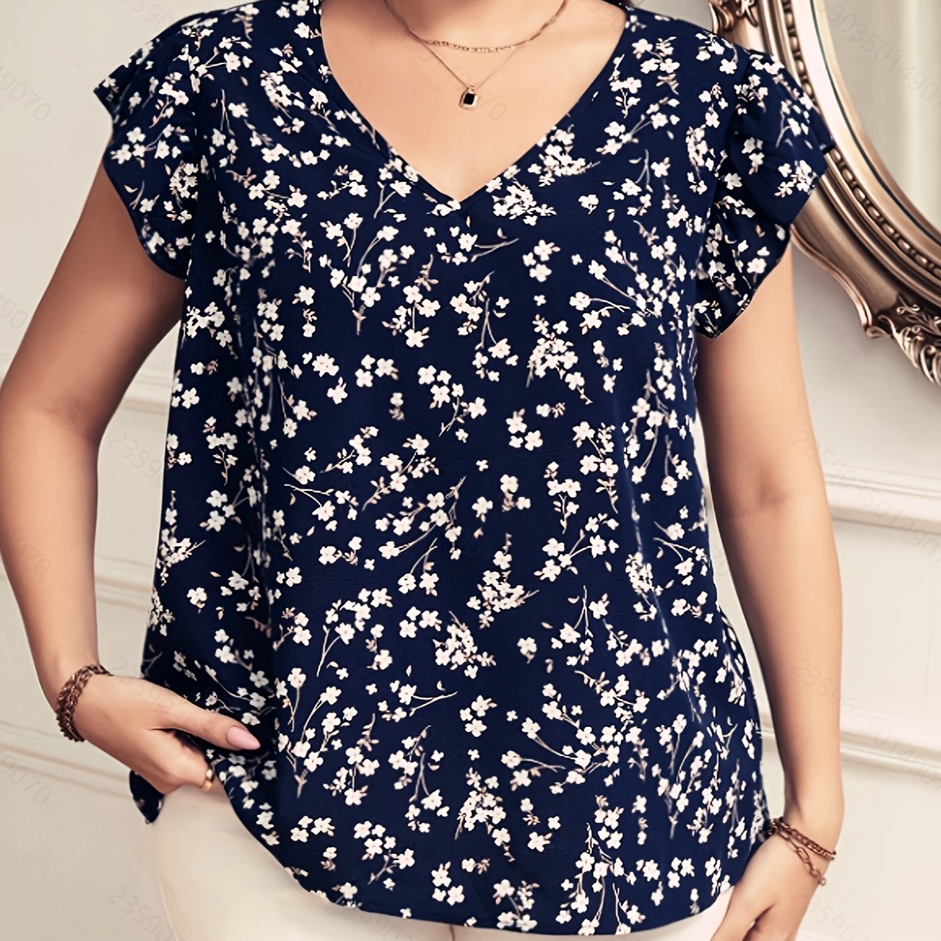 Plus Size Women's Printed Shirt Casual Short Sleeve Top Black 1X
