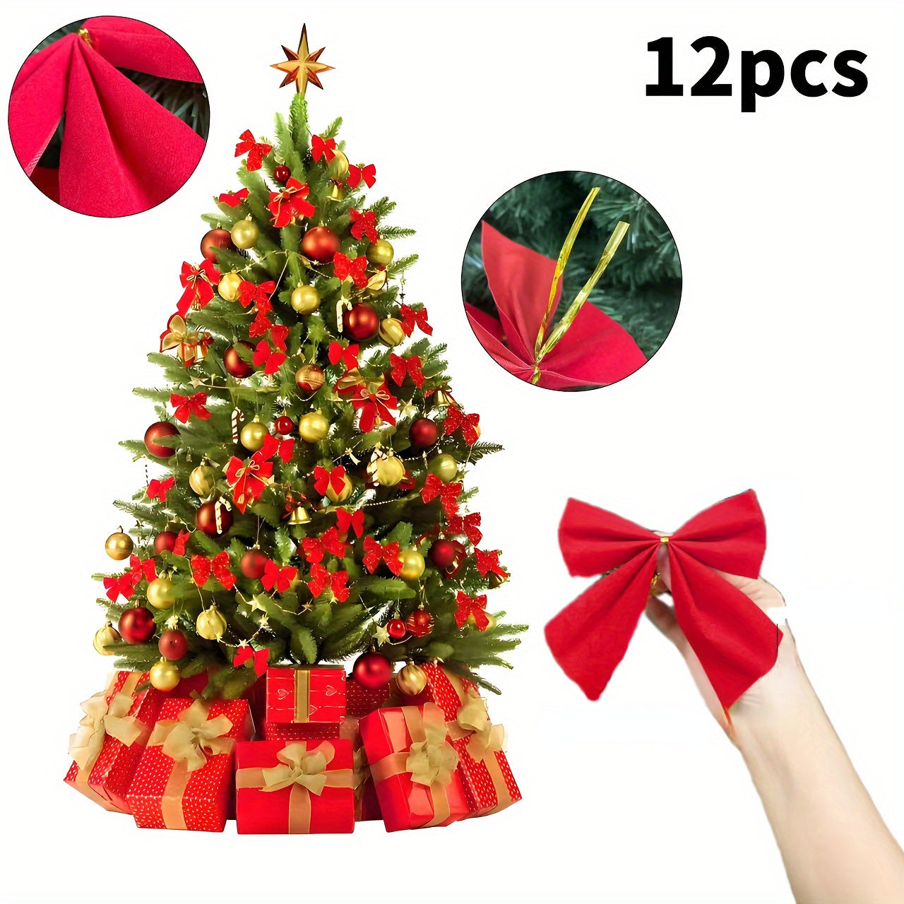 12-Pack Red Christmas Tree Bows Festive Plastic Fabric Holiday Decor