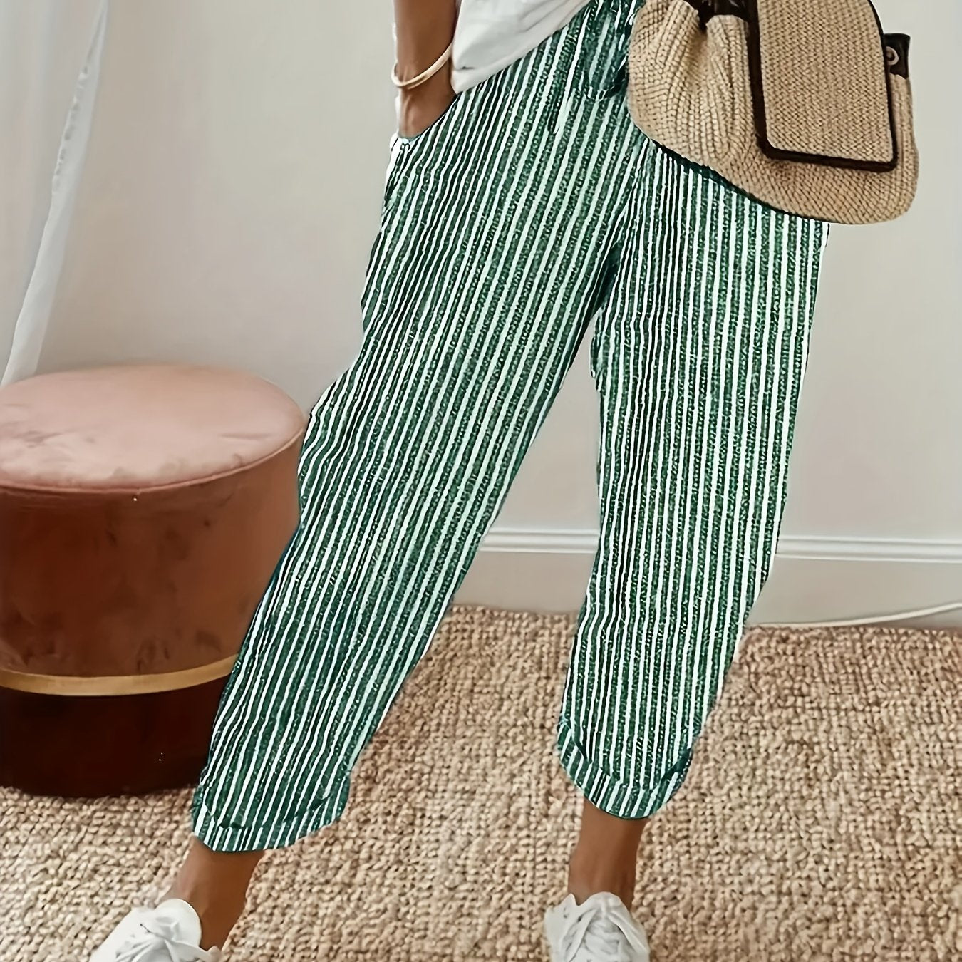 Women's High-Waisted Striped Wide Leg Pants Lightweight Polyester All-Season Casual