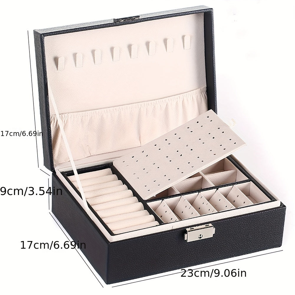 Elegant Faux Leather Triple-Layer Jewelry Box with Lock for Earrings and Accessories