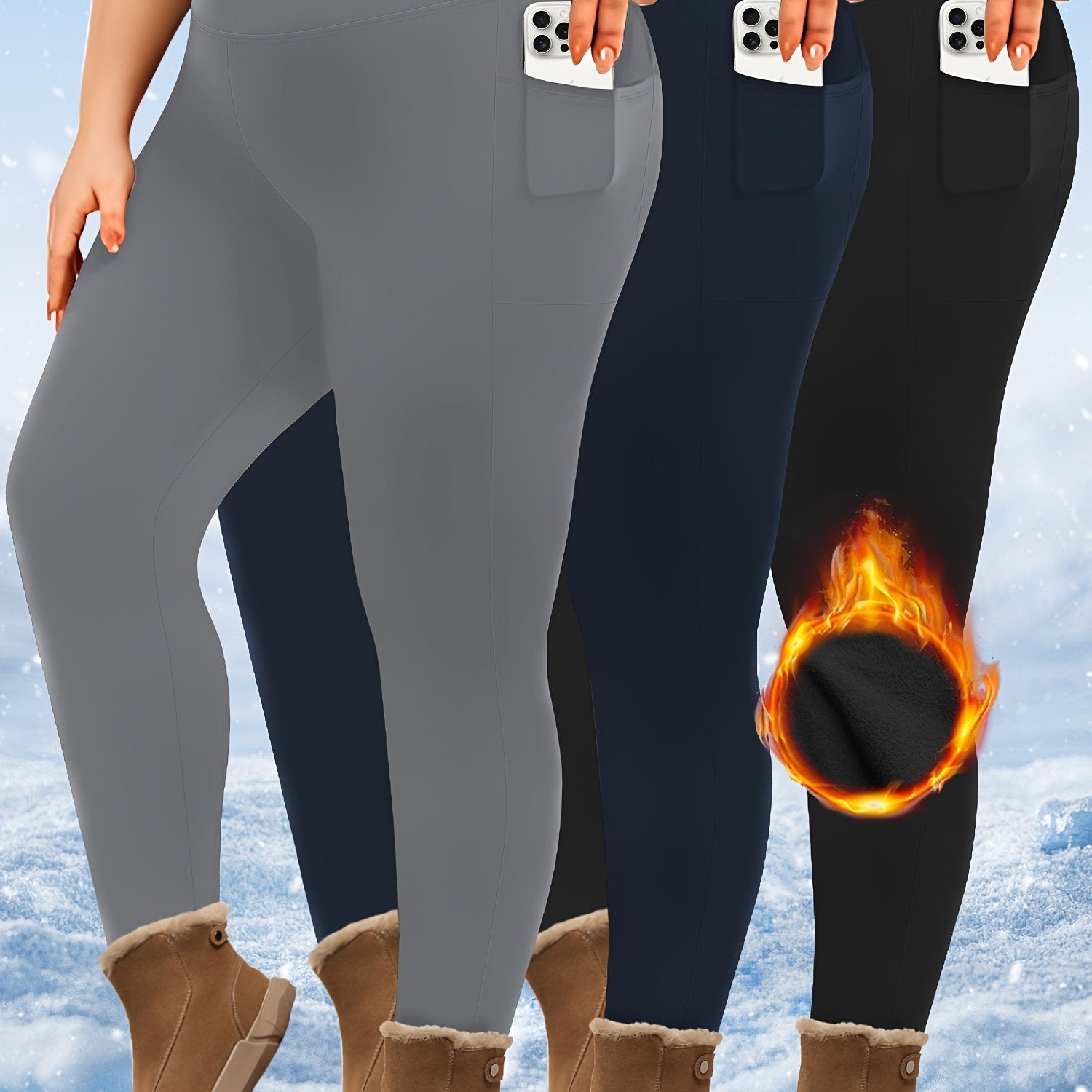 Plus Size High-Waist Fleece-Lined Leggings with Pockets for AutumnWinter Black Gray Burgundy