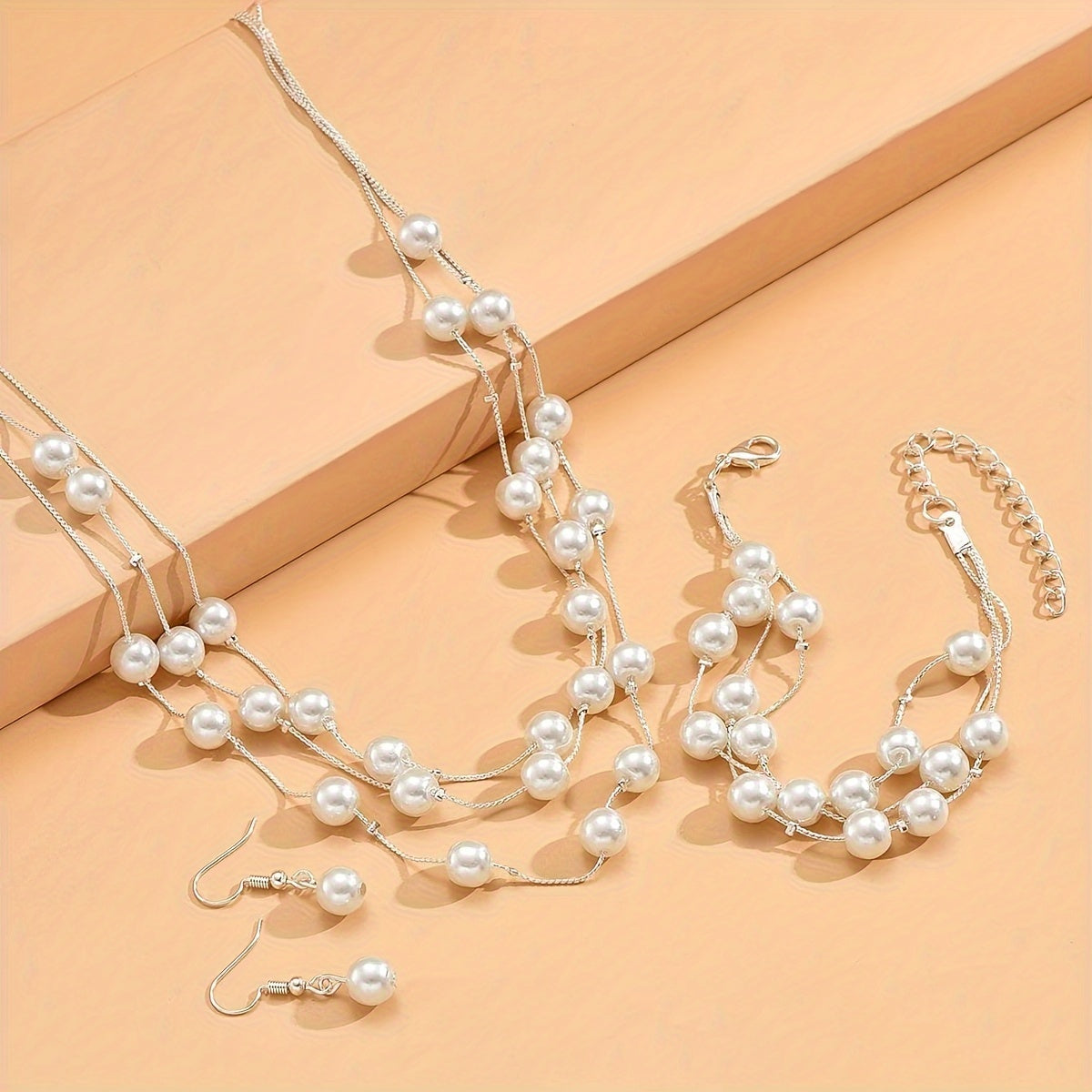 Gold and Silver Pearl-Style Jewelry Set with Necklace Bracelet and Earrings