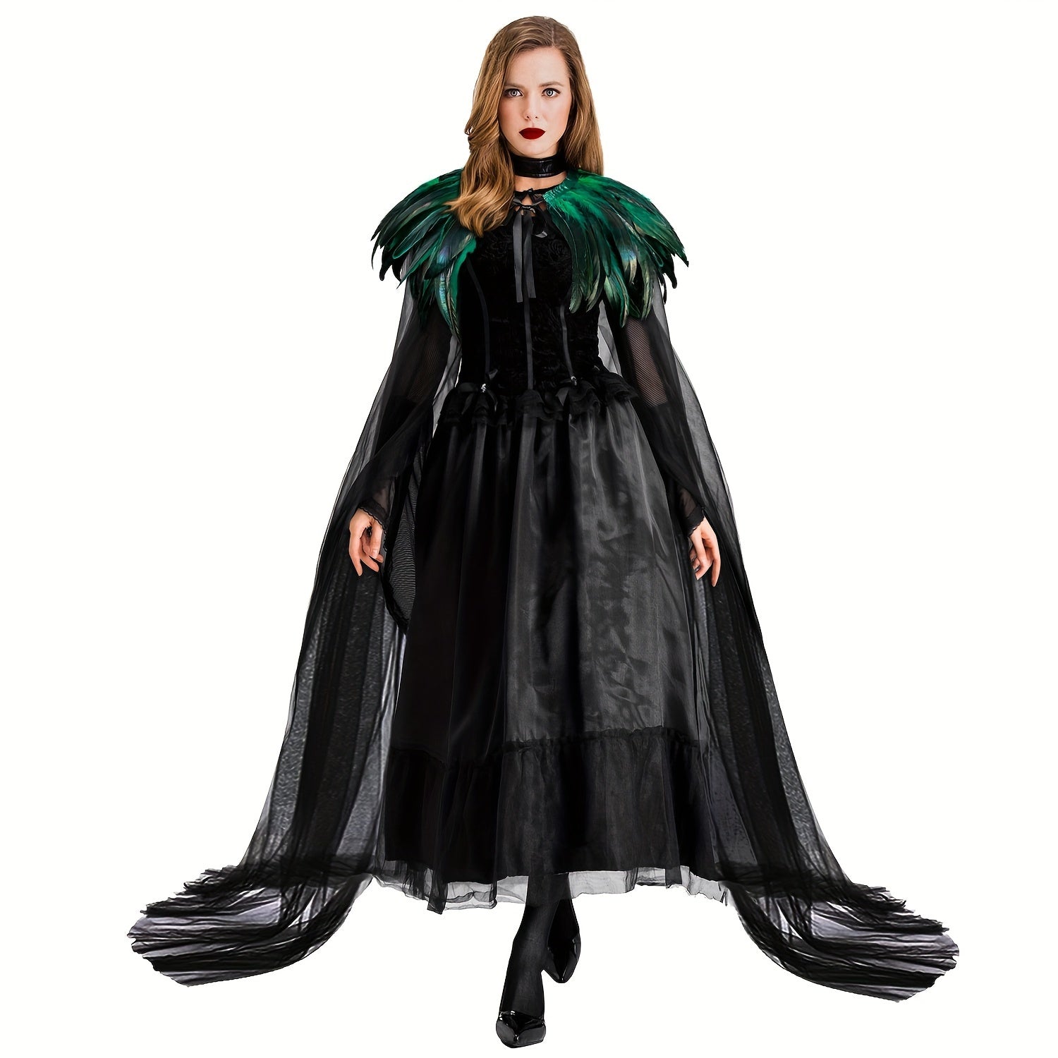 Evil Queen Witch Costume for Women with Feathered Cape Long Robe and Shawl