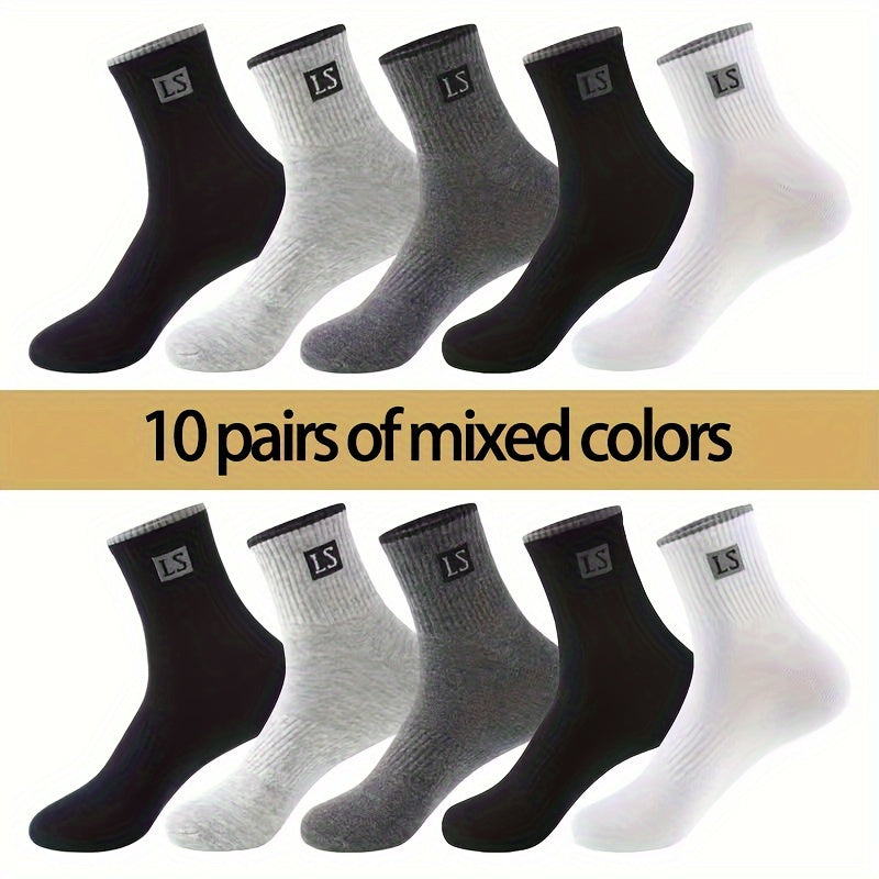 Men's Solid Crew Socks 10 Pairs Breathable Casual Outdoor All Seasons