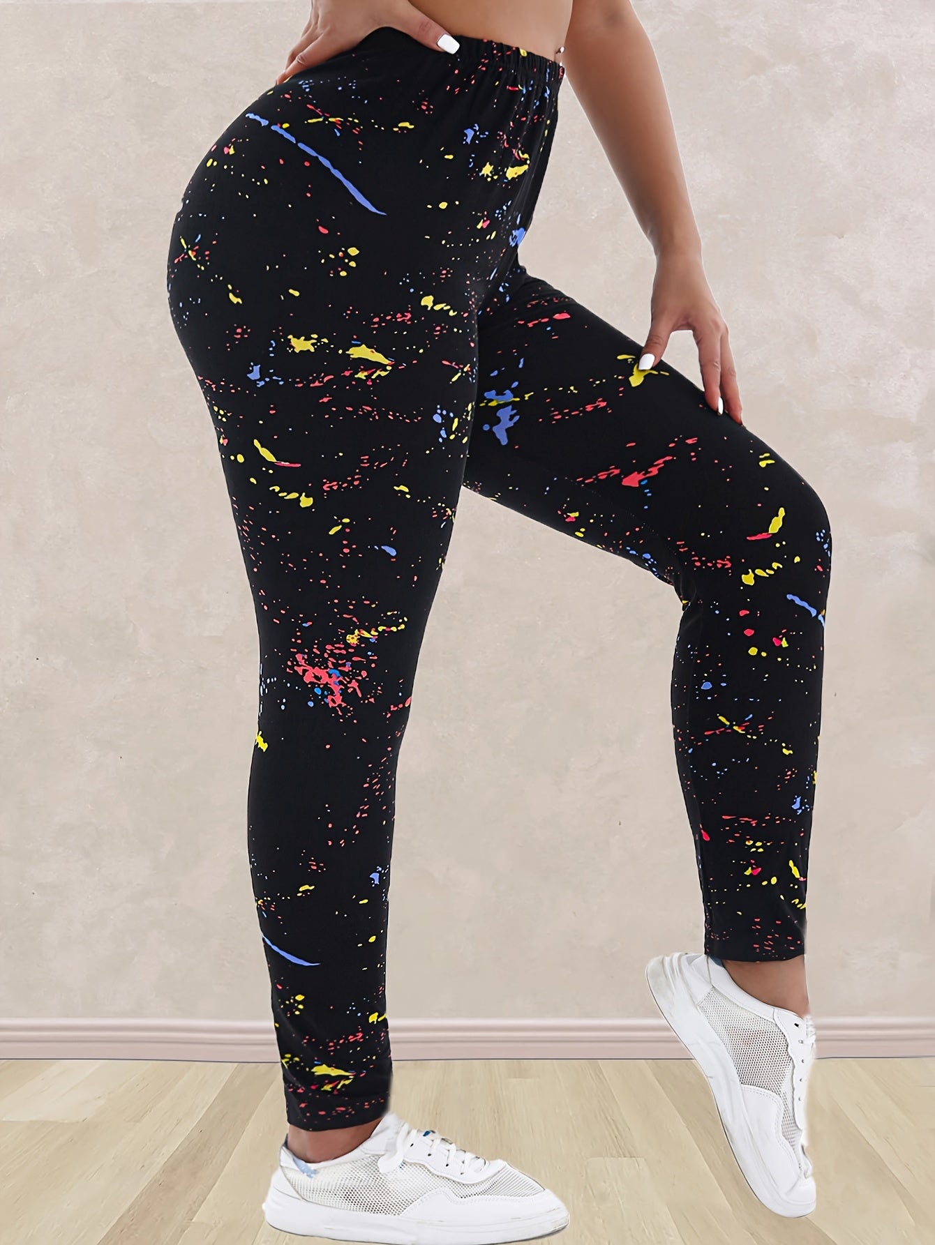 Women's Plus Size Cropped Leggings Black Ink Print High Waist Stretchy Sportswear