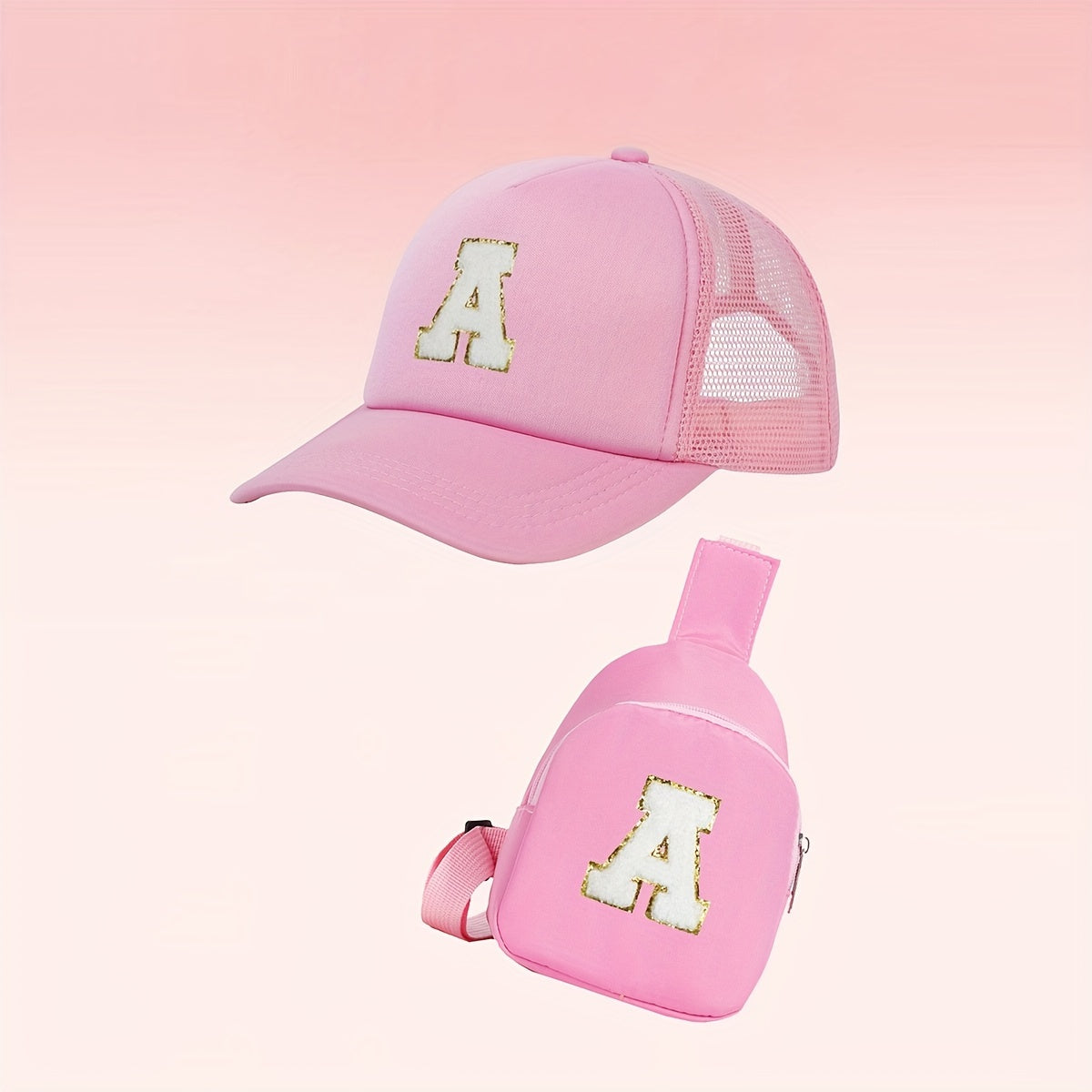 Girls Alphabet-Themed 2-Piece Baseball Cap and Bag Set Polyester Breathable Fitted for Ages 3-14