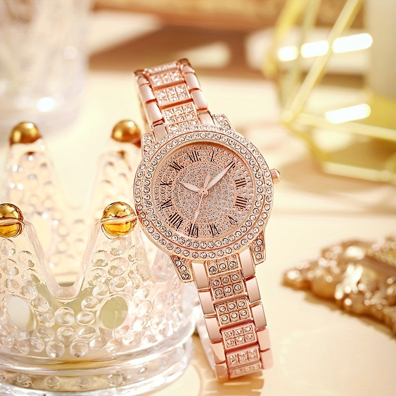 Reloj de cuarzo con esfera estrellada elegante y piedras de rhinestone para mujer