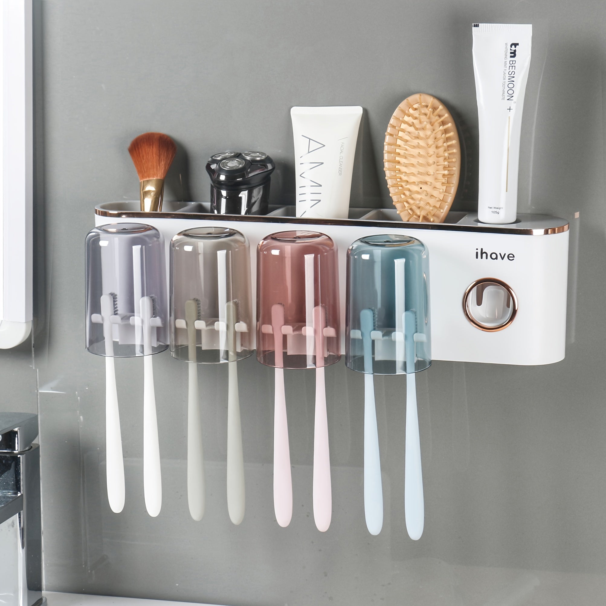 Wall-Mounted Bathroom Toothbrush Holder with Dispenser and Tumbler Set