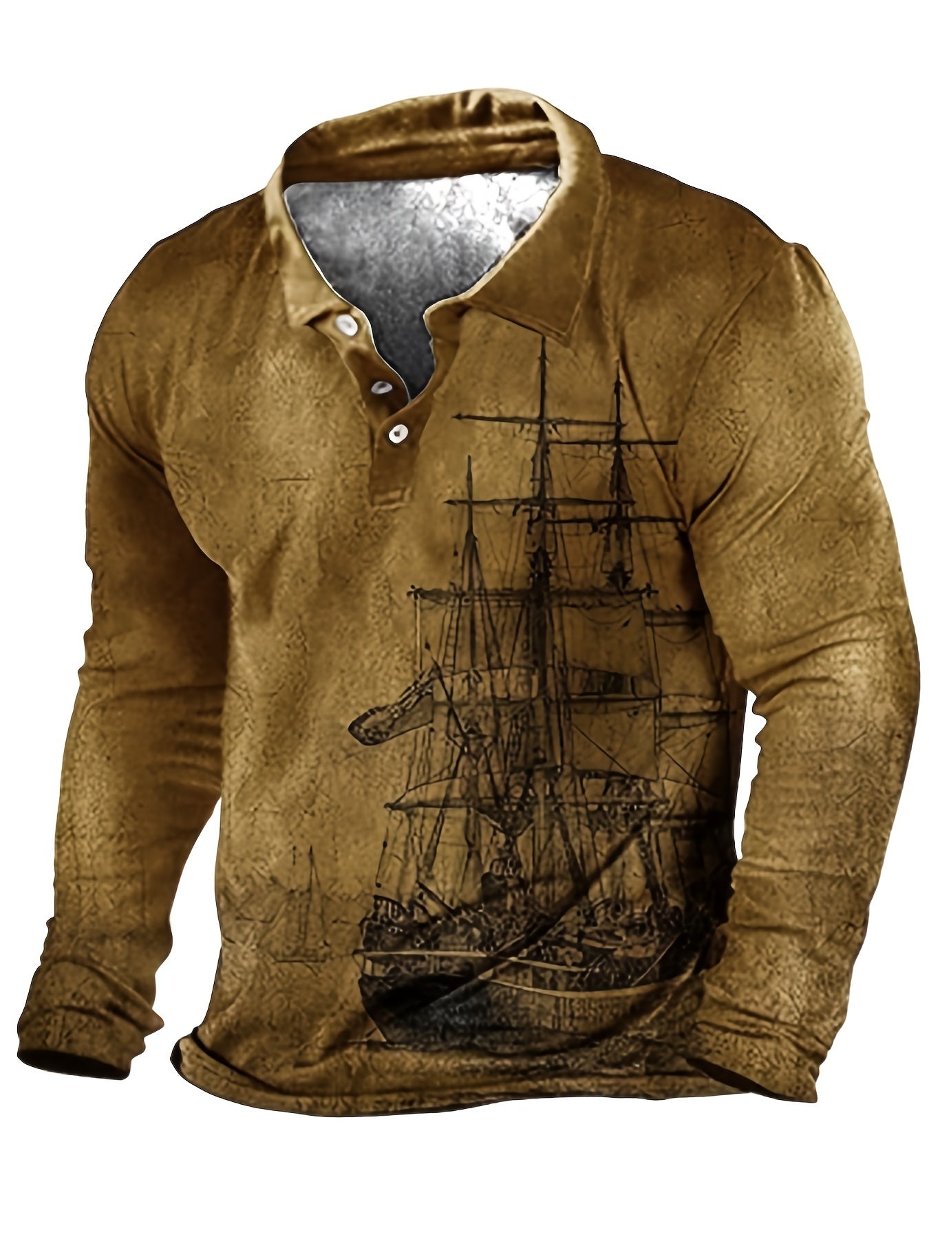 Men's Oversized Long Sleeve Sailboat Print Shirt for Spring Fall Plus Size