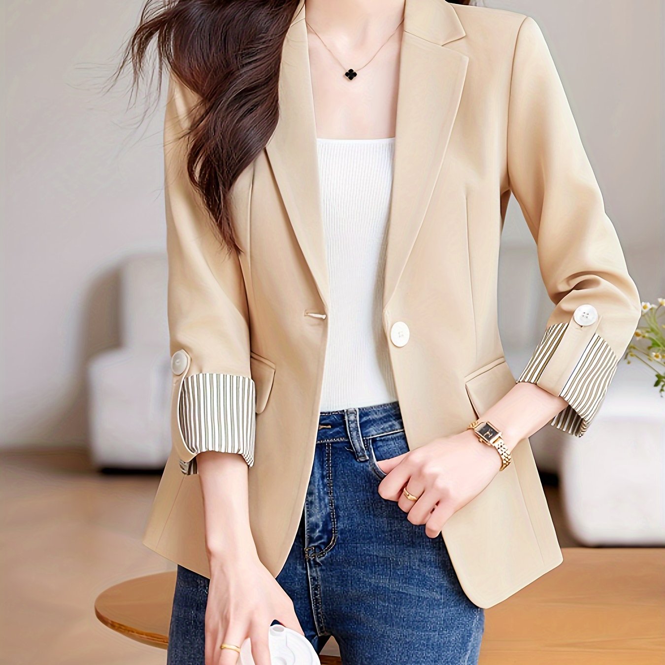Women's Solid Color Long Sleeve Roll-Up Blazer with Pockets for Fall Winter