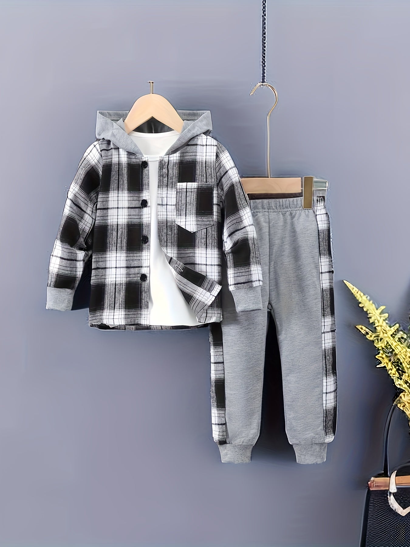 Kids Boys Plaid Hooded Casual Suit with Patchwork Pants for Spring and Fall