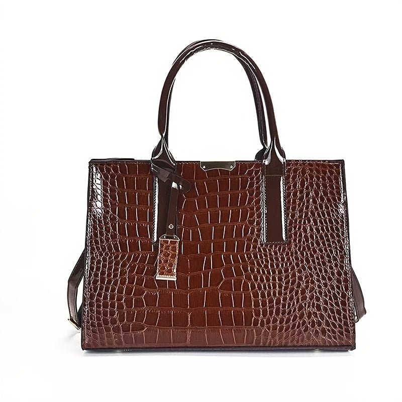 Crocodile Pattern Leather Handbag for Travel and Gifting Black Spacious Interior
