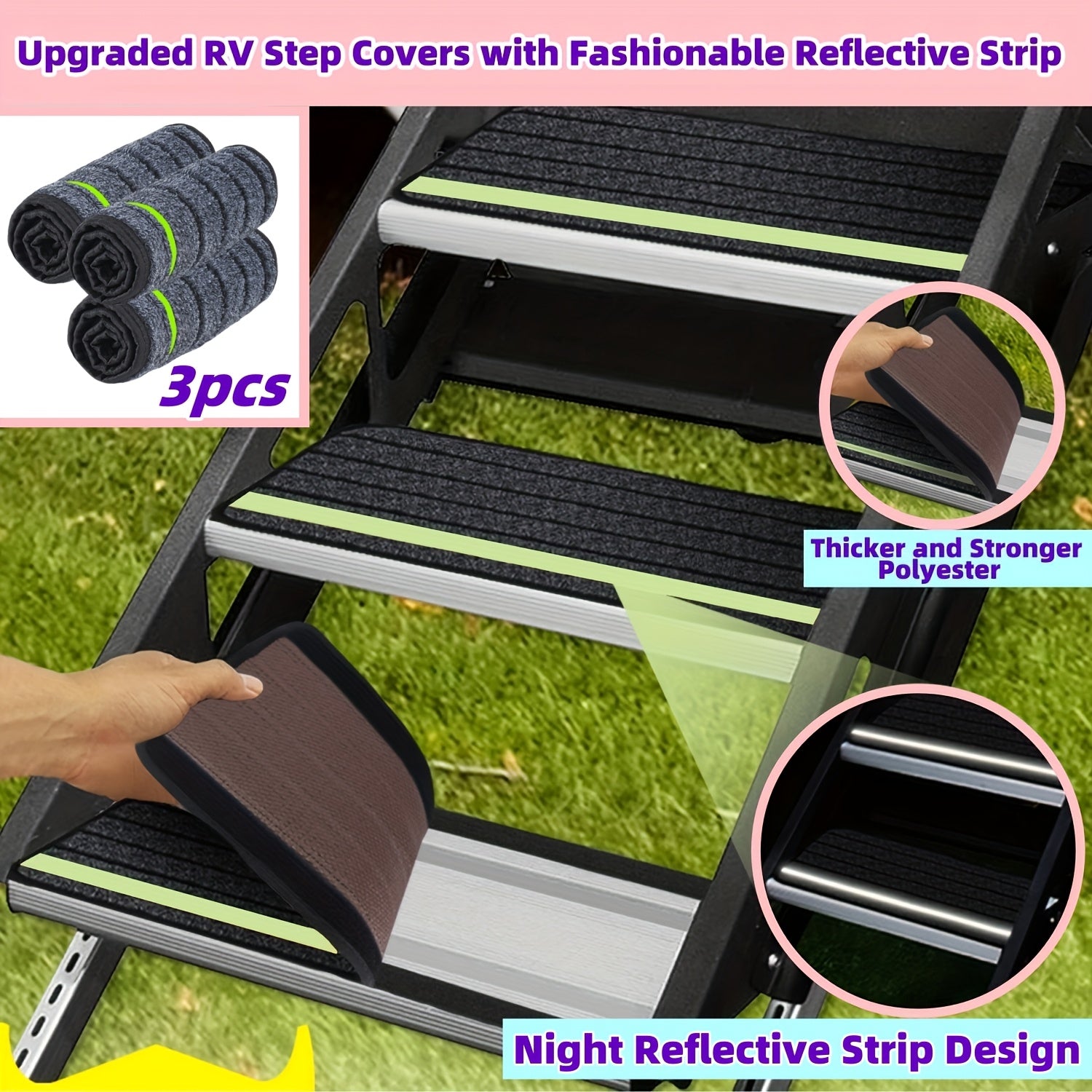 Juego de 3 piezas de cubiertas para escalón de RV, negro, poliéster, con tiras reflectantes duraderas, accesorios para acampar