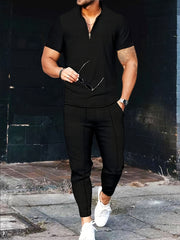 Men's Waffle Knit Two-Piece Set Short Sleeve Top Zipper Long Pants Casual