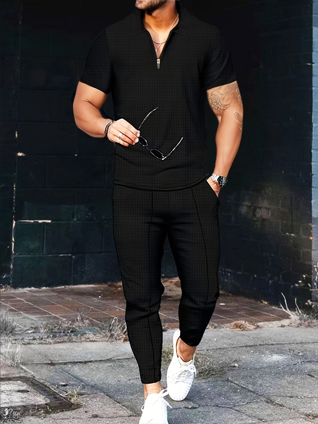 Men's Waffle Knit Two-Piece Set Short Sleeve Top Zipper Long Pants Casual
