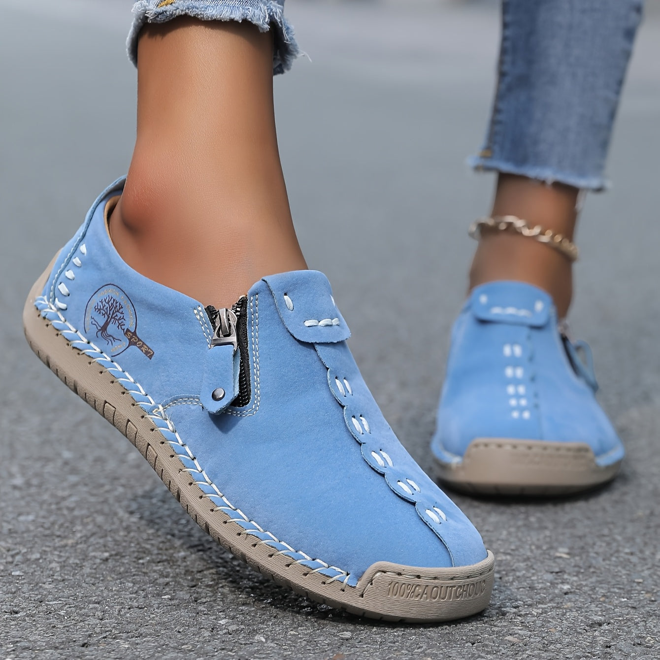 Women's Handmade Casual Loafers Slip-On Sneakers with Zipper Rubber Sole