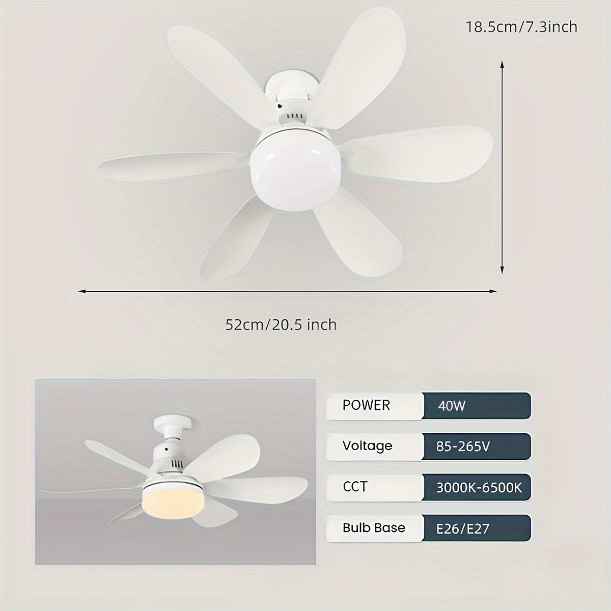 Smart Ceiling Fan Light with E27 Base, Remote Control, 3 Color Temperatures, Silent Operation