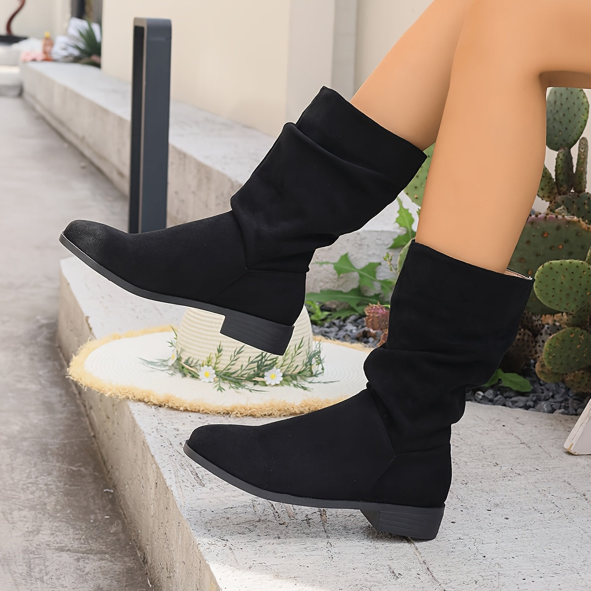 Women's Mid-Calf Western Boots, Slip-On, Square Toe, Cushioned Insoles