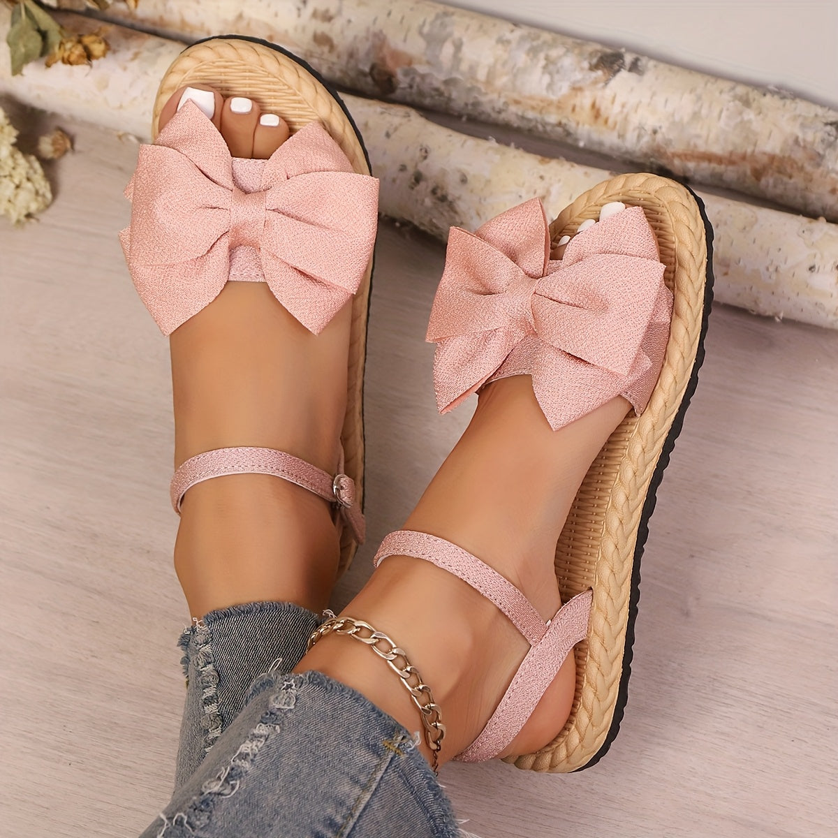 Women's Flat Shoes Open Toe Bow Casual Outdoor Beach