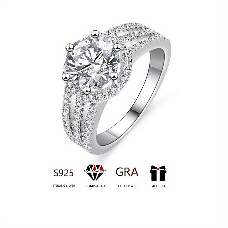 Sterling Silver Wide Band Ring with 2/3ct Moissanite and Pave Zirconia for Engagement or Wedding