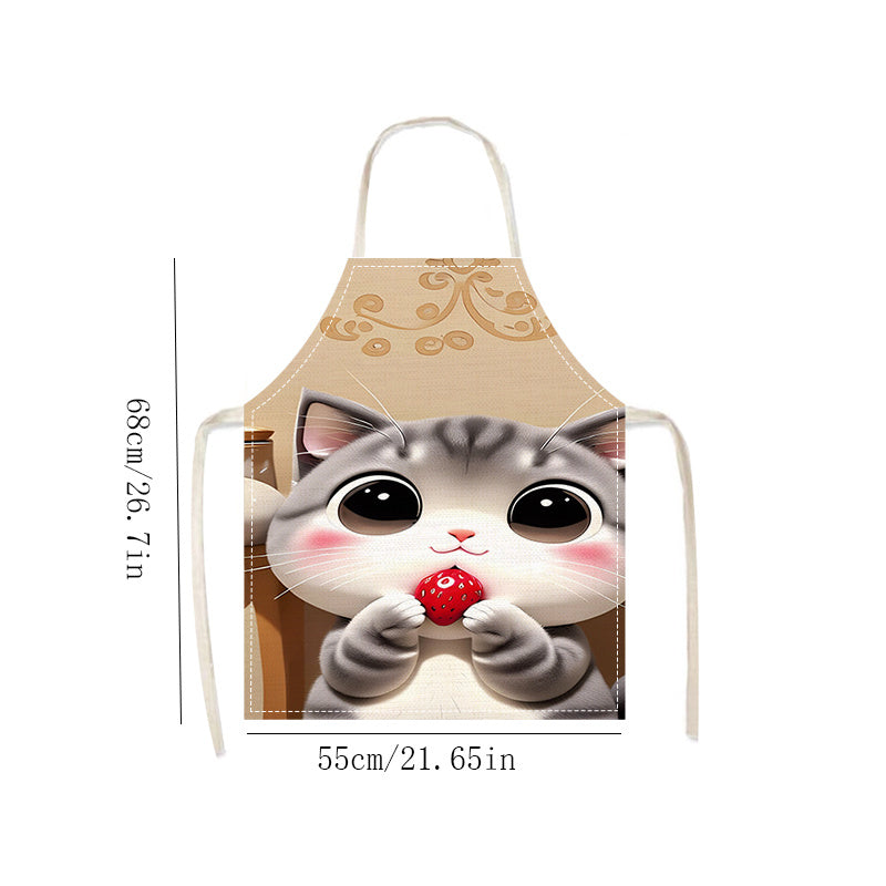 Cute Cat and Strawberry Print Linen Apron Sleeveless Lightweight for Cooking and Baking