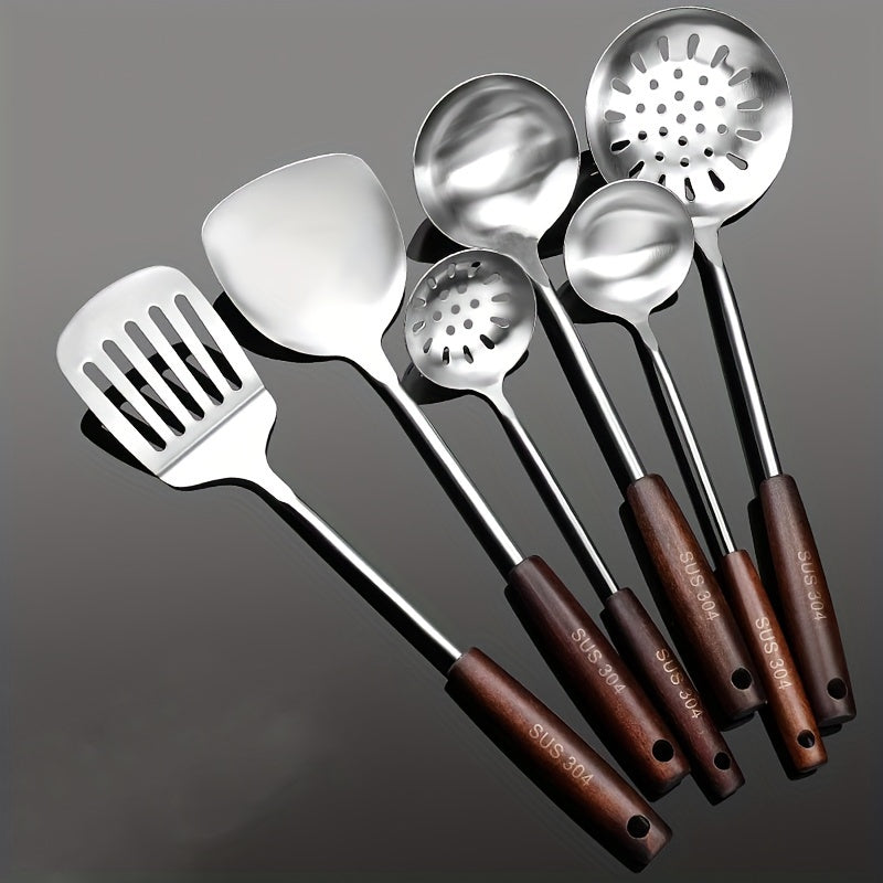 304 zanglamaydigan po'latdan yasalgan oshxona asboblari to'plami, spatula, qozon va xizmat qilish qoshiq bilan