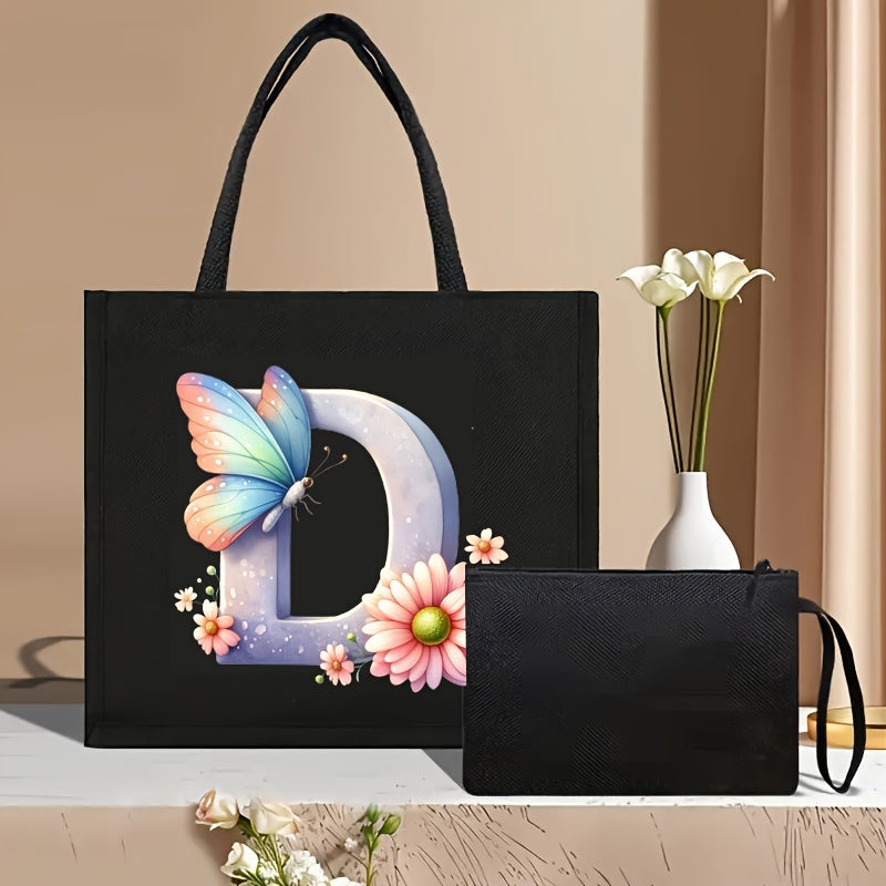 Set of 2 Floral Letter Print Canvas Tote Bags Large Handbag with Clutch Pouch