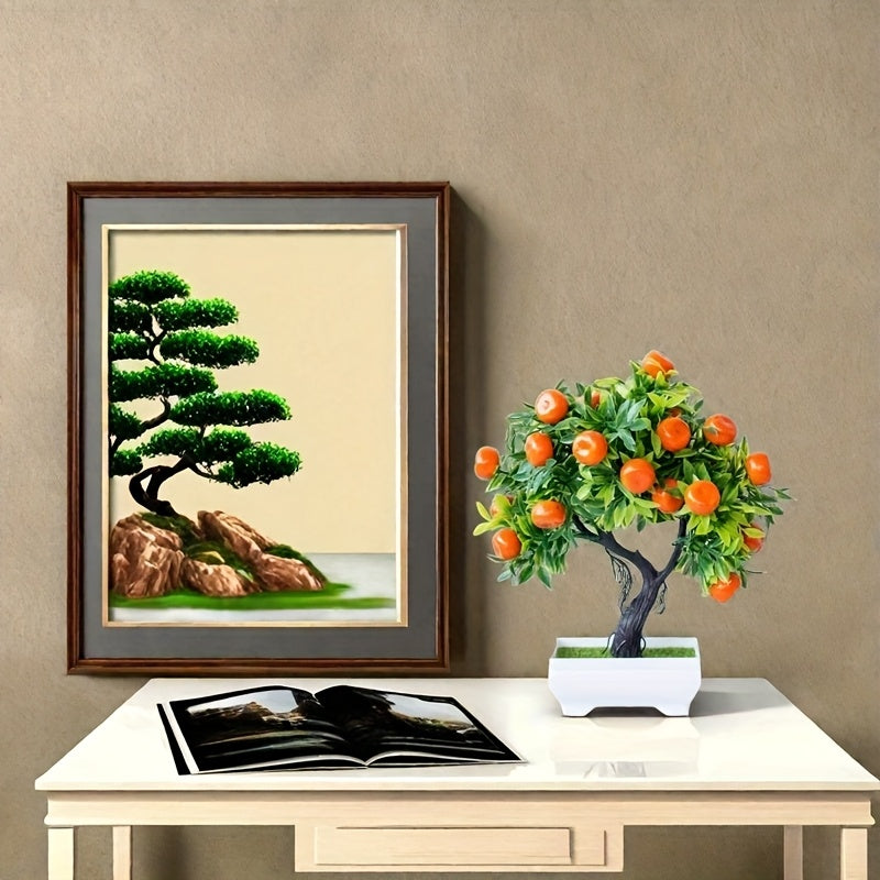 Uy ofis dekoratsiyasi uchun yashil bargli va oq idishli sun'iy apelsin daraxti bonsai