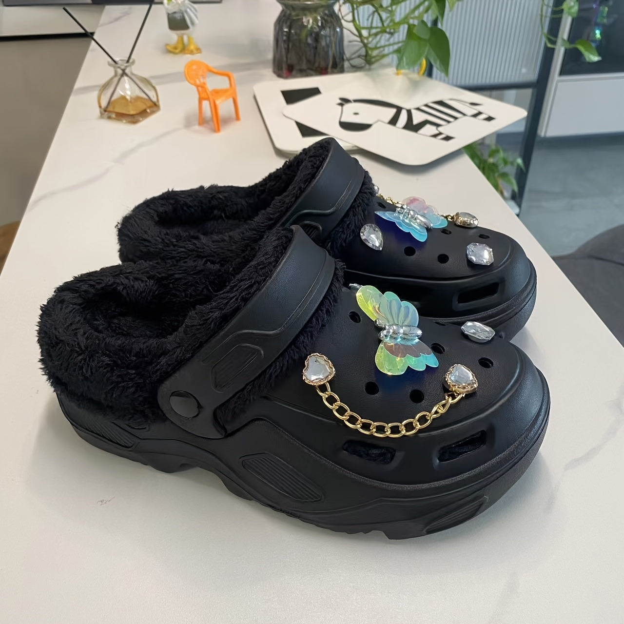 Women's Warm Plush Lined Shoes with Butterfly Heels and Bear Accessories