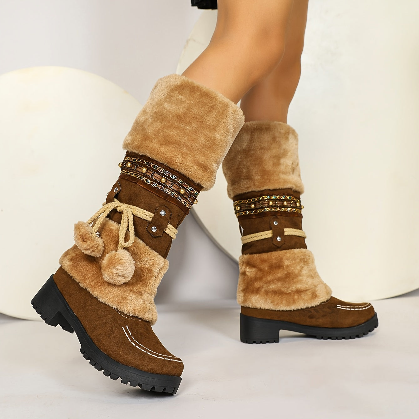 Women's Faux Fur Lined Mid-Calf Cowboy Boots with Heels for Autumn Winter