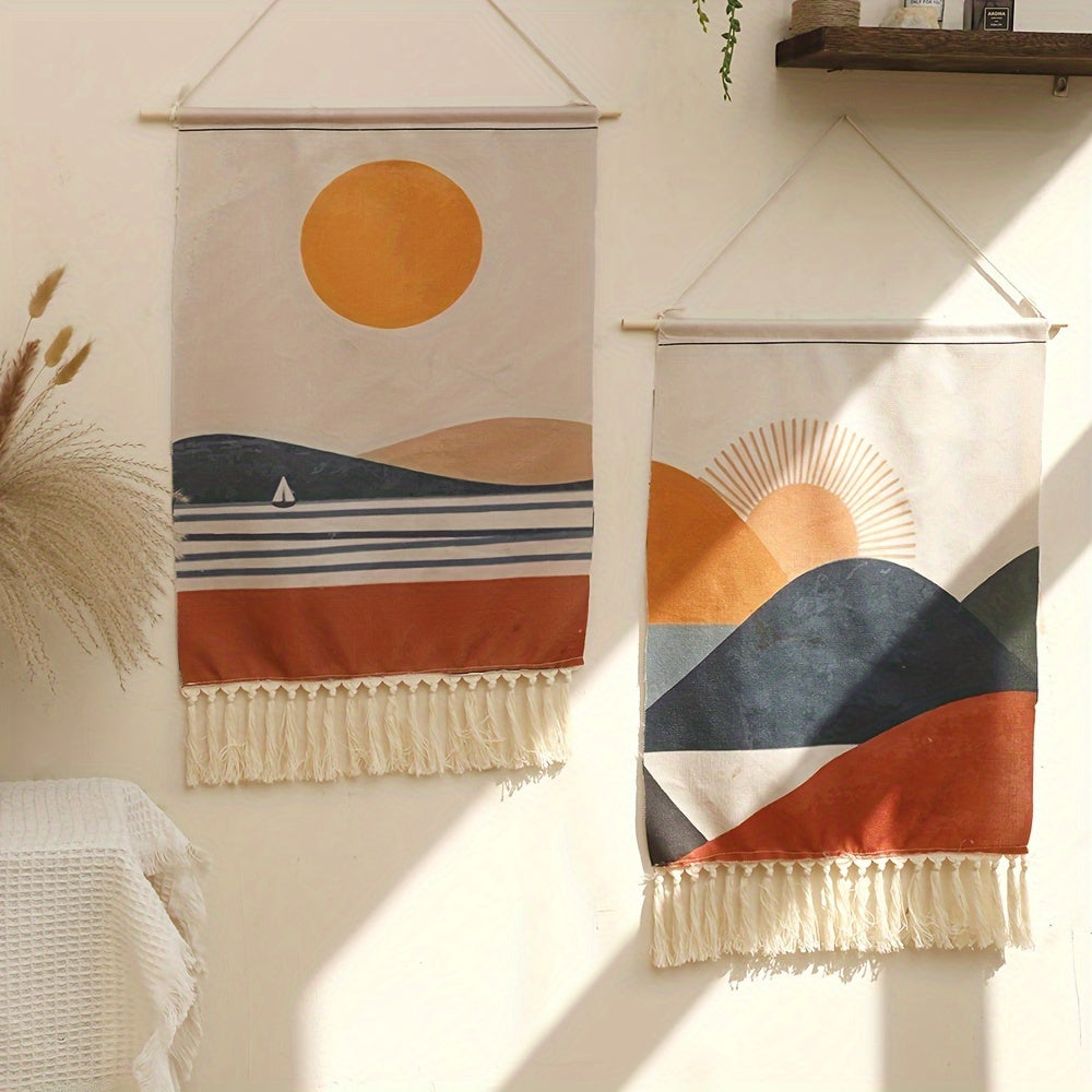Bohemian Linen Wall Tapestry with Fringe Border Sun and Sailboat Design for Living Room or Bedroom