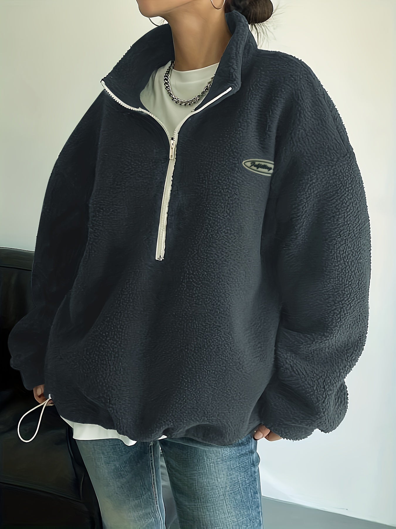 Women's Cotton Half-Zip Sweatshirt With Letter Patch and Drawstring
