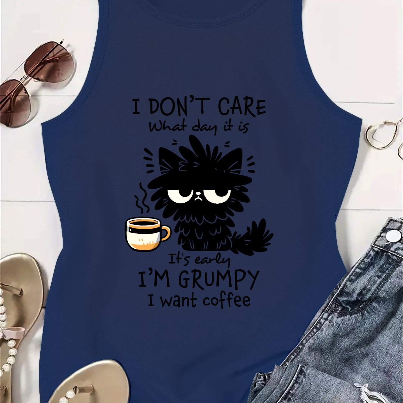 Plus Size Women's Black Cat Graphic Tank Top Breathable Sleeveless Shirt