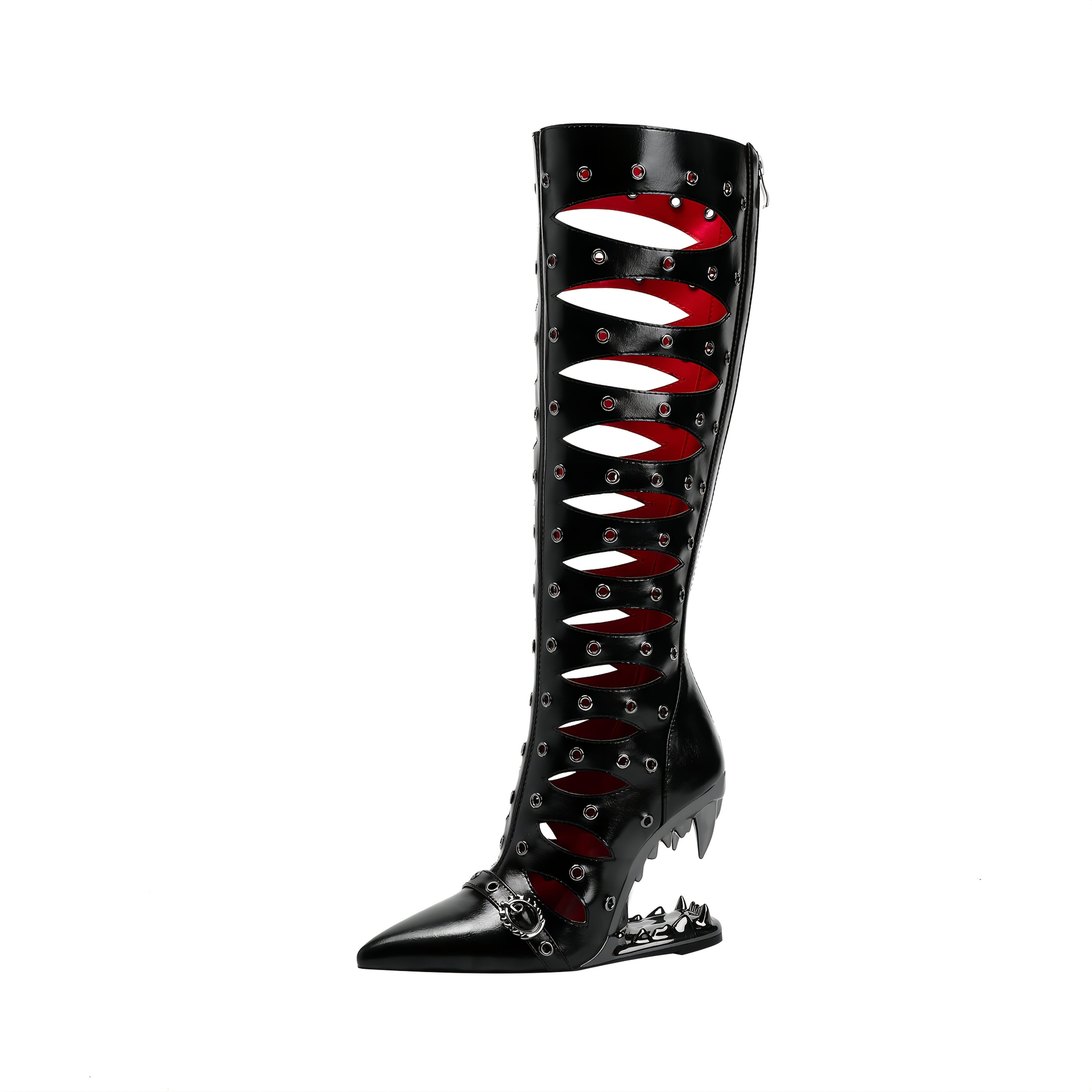 Women Hollow-Out Knee-High Leather Boots with Zipper and Pointed Toe