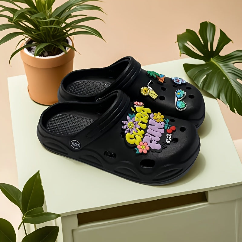 Women’s EVA Beach Clogs Black Pink with Playful Accessory Charms