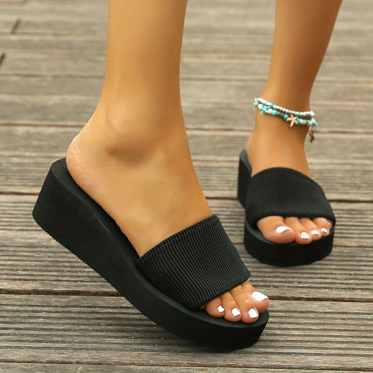 Women's Solid Color Flatform Sandals Slip On Open Toe Beach Shoes
