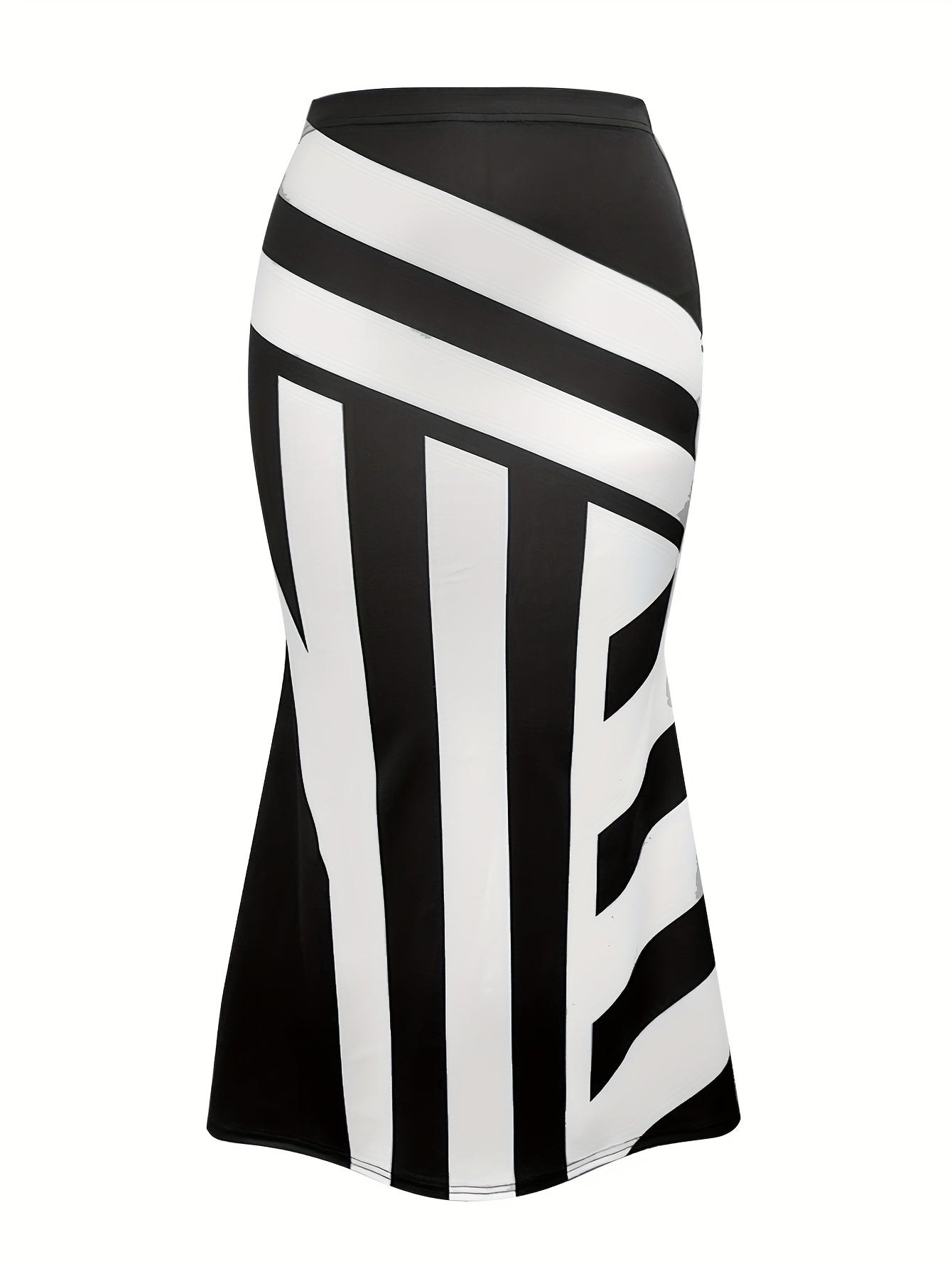 Plus Size Mermaid Skirt Women Polyester Black White Striped Flared Knee Length Office Wear