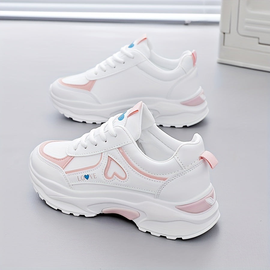 Women's White Sneakers with Black Accents Casual Running Shoes Thick Sole