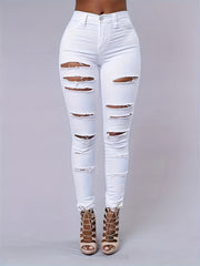 Women's Plus-Size Ripped Skinny Jeans Denim Spandex Street Style Long Length