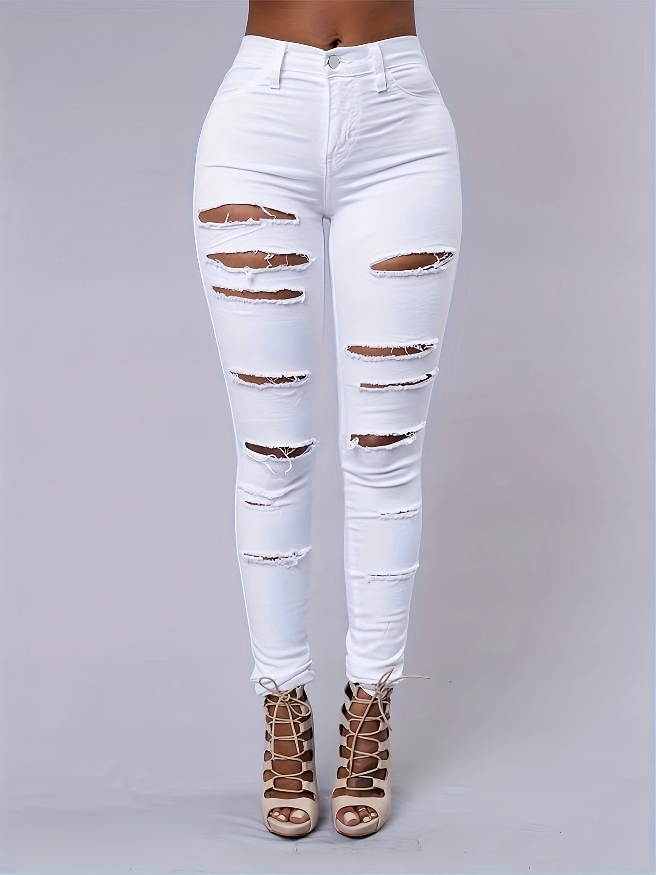 Women's Plus-Size Ripped Skinny Jeans Denim Spandex Street Style Long Length
