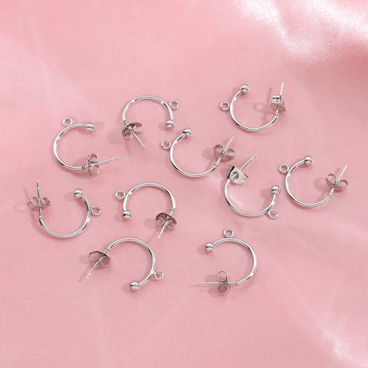 Stainless Steel C-shaklidagi sirg‘alar, 10 ta to‘plam, DIY zargarlik ishlab chiqarish uchun, to‘pli beadlar bilan