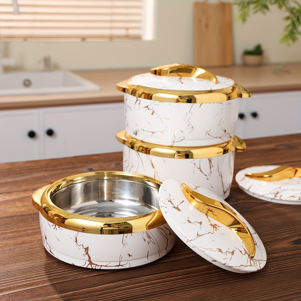Food Warmer Set with Insulated Stainless Steel Containers 3-Piece White and Gold Marble
